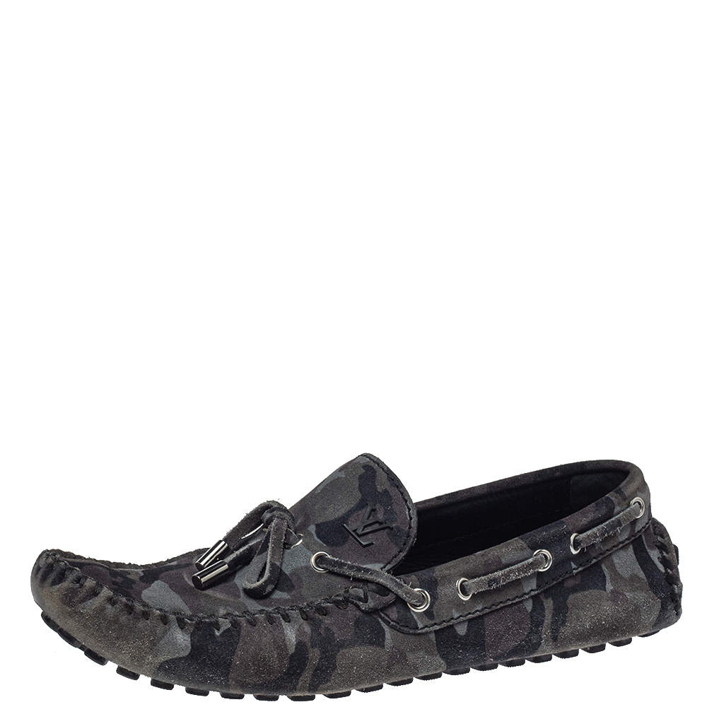Pre Owned Louis Vuitton Gray Camo Suede  Slip On Loafers Size 43