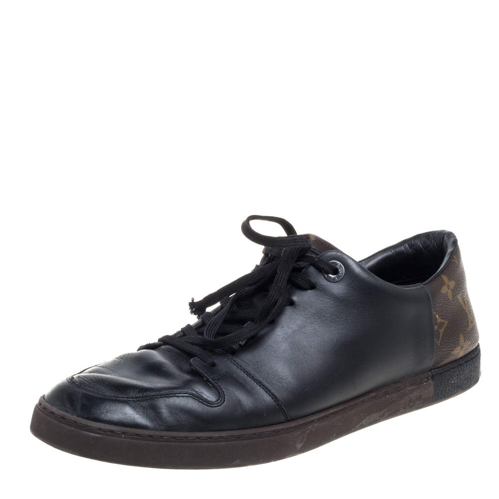 Pre Owned Louis Vuitton Black Leather And Monogram Canvas Line Up Low Top Sneakers Size 43