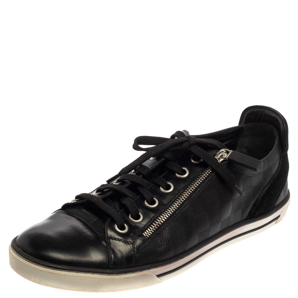 Pre Owned Louis Vuitton Black Damier Embossed Leather And Suede Low Top Sneakers Size 42.5