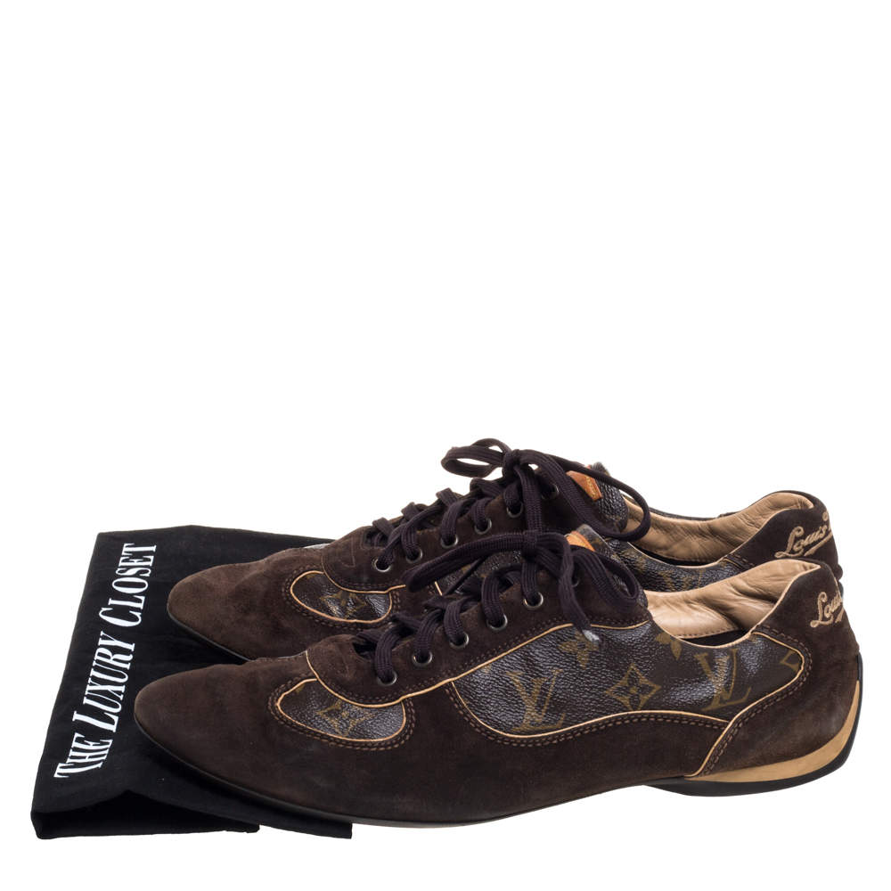 Louis Vuitton Brown Monogram Canvas And Suede Sneakers Size 43.5 For Sale  at 1stDibs