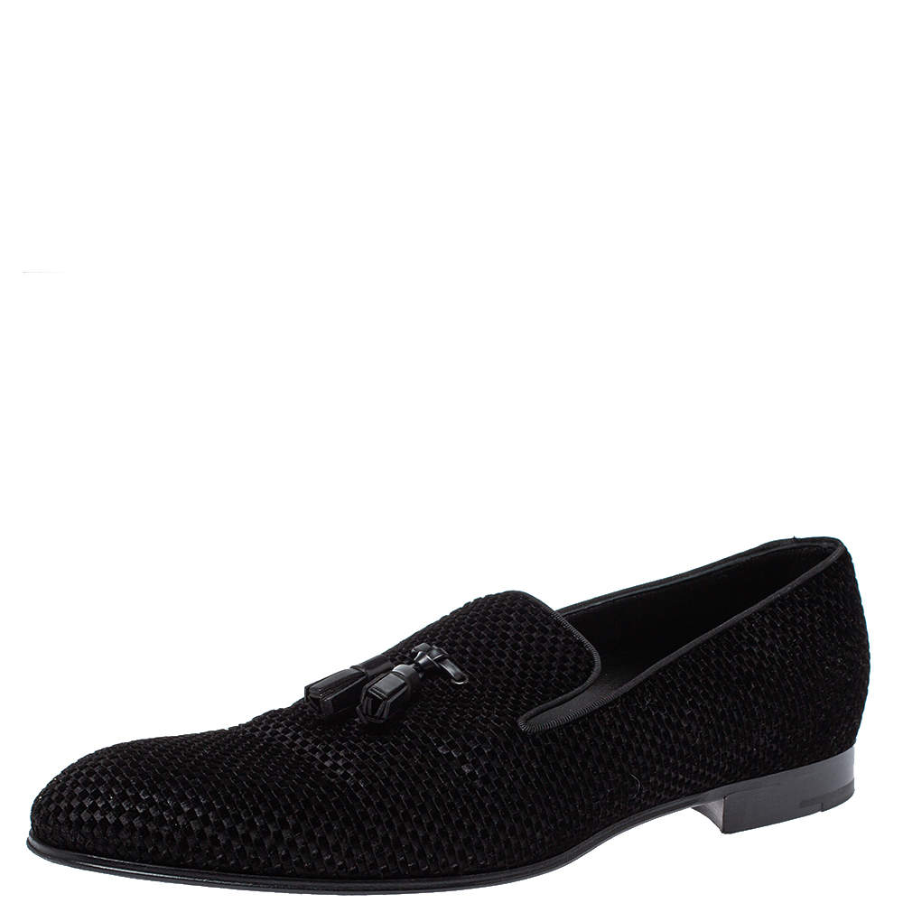 Pre Owned Louis Vuitton Black Check Velvet Tassel Detail Smoking Slippers Size 43.5