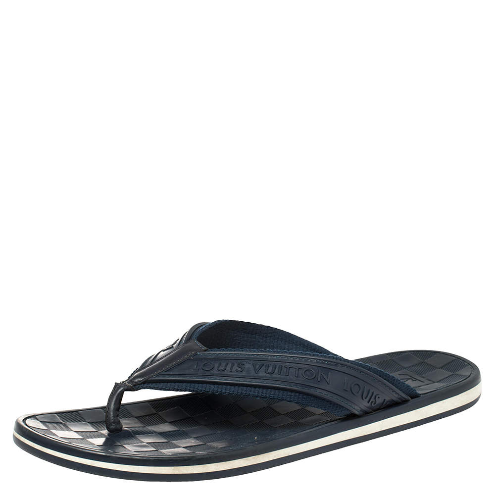 Pre Owned Louis Vuitton Blue Damier Rubber And Fabric Key Flip Flop Flat Sandals Size 43.5