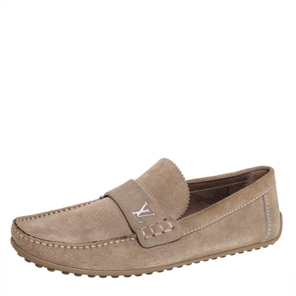 مملوكة مسبقًا حذاء لوفرز لوي فيتون سليب أون سويدي مخرم بني مقاس 41.5