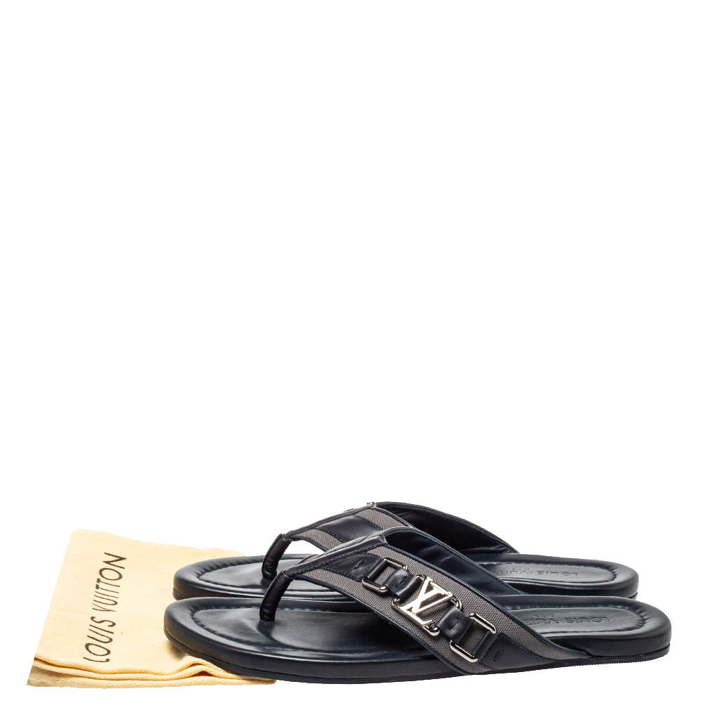 Louis Vuitton Dark Blue Leather And Canvas Hamptons Thong Sandals