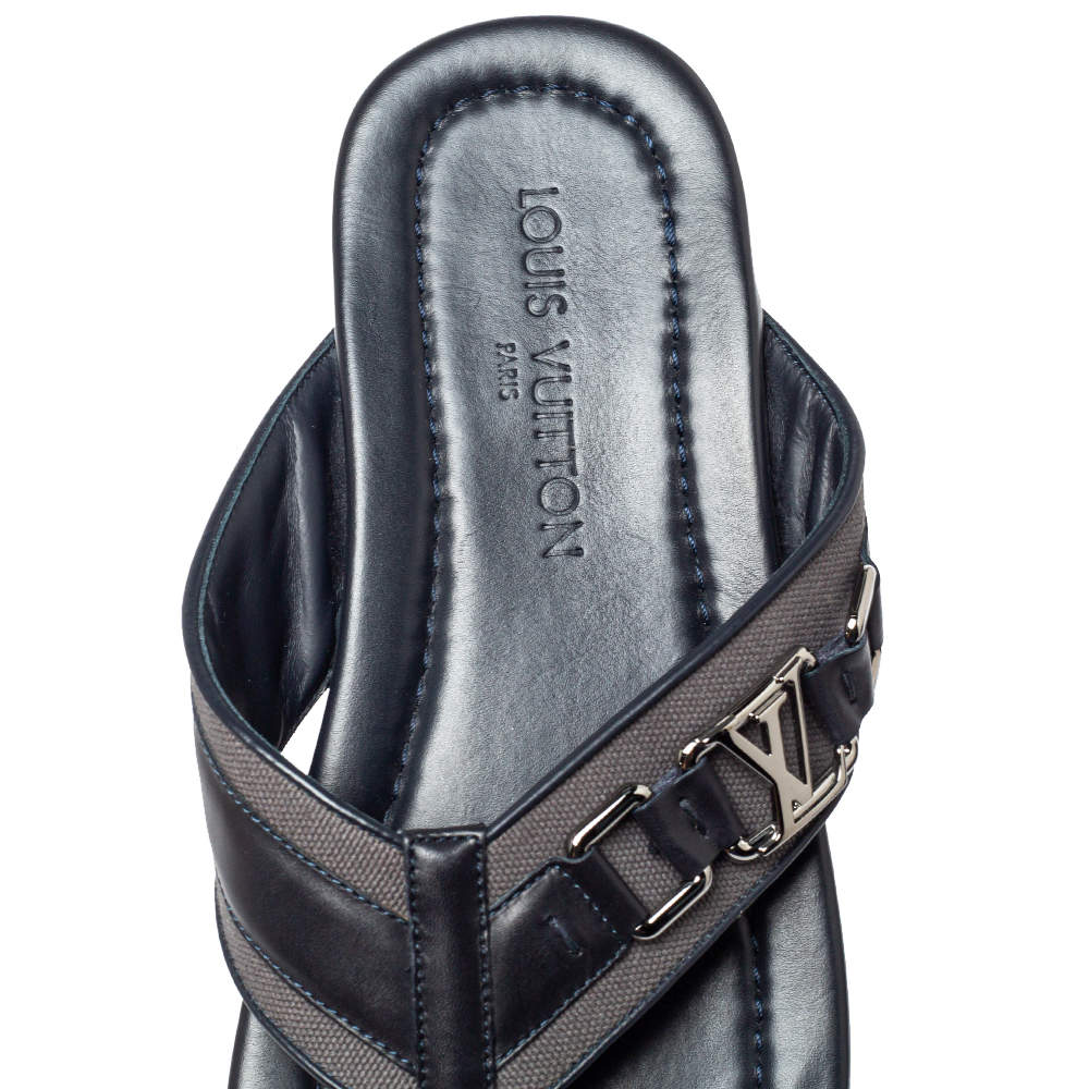 Louis Vuitton Dark Blue Leather And Canvas Hamptons Thong Sandals