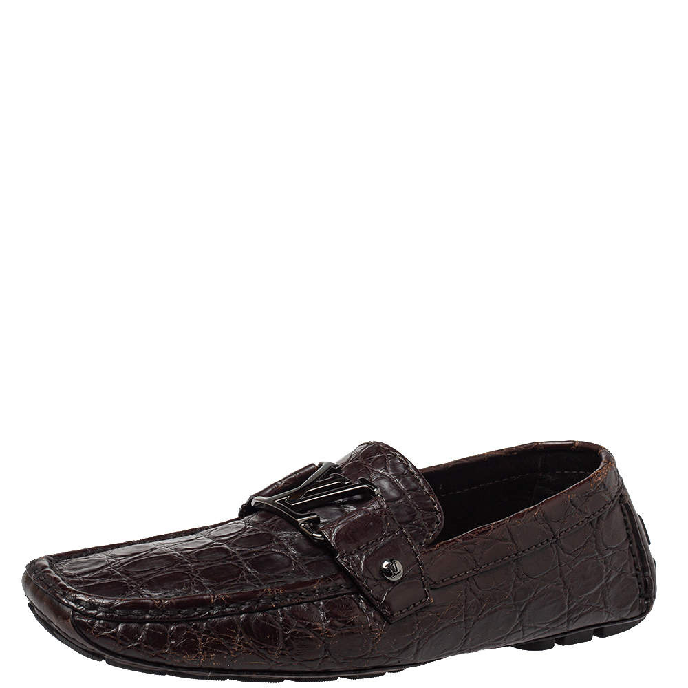 مملوكة مسبقًا Louis Vuitton Brown Crocodile Leather Monte Carlo Slip On Loafers Size 41.5