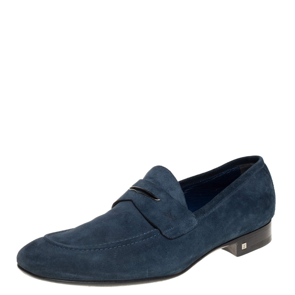 مملوكة مسبقًا Louis Vuitton Dark Teal Blue Suede Penny Loafers Size 43.5