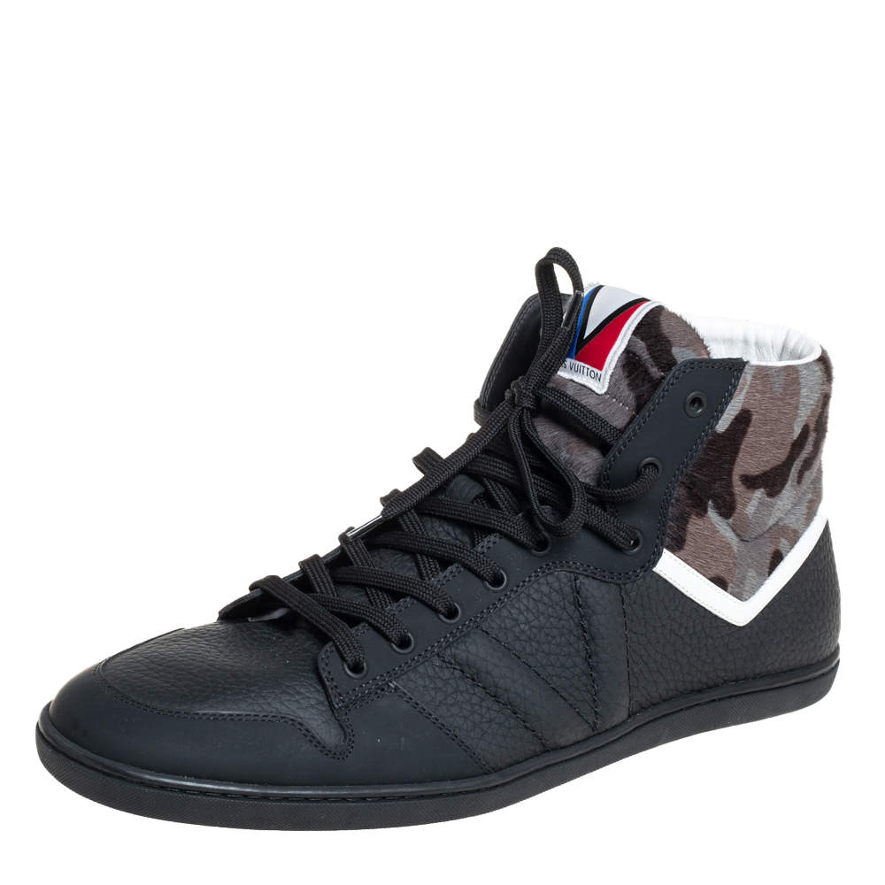 مملوكة مسبقًا Louis Vuitton Black Leather And Camouflage Print Calf Hair High Top Sneakers Size 43