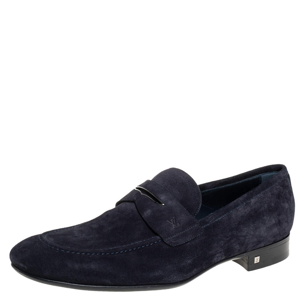 Louis Vuitton Navy Blue Suede Leather Penny Slip On Loafers Size 43.5