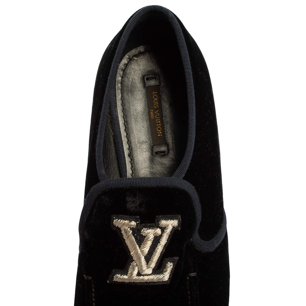 Louis Vuitton Black Velvet Logo Embroidered Slip On Loafers Size 42.5