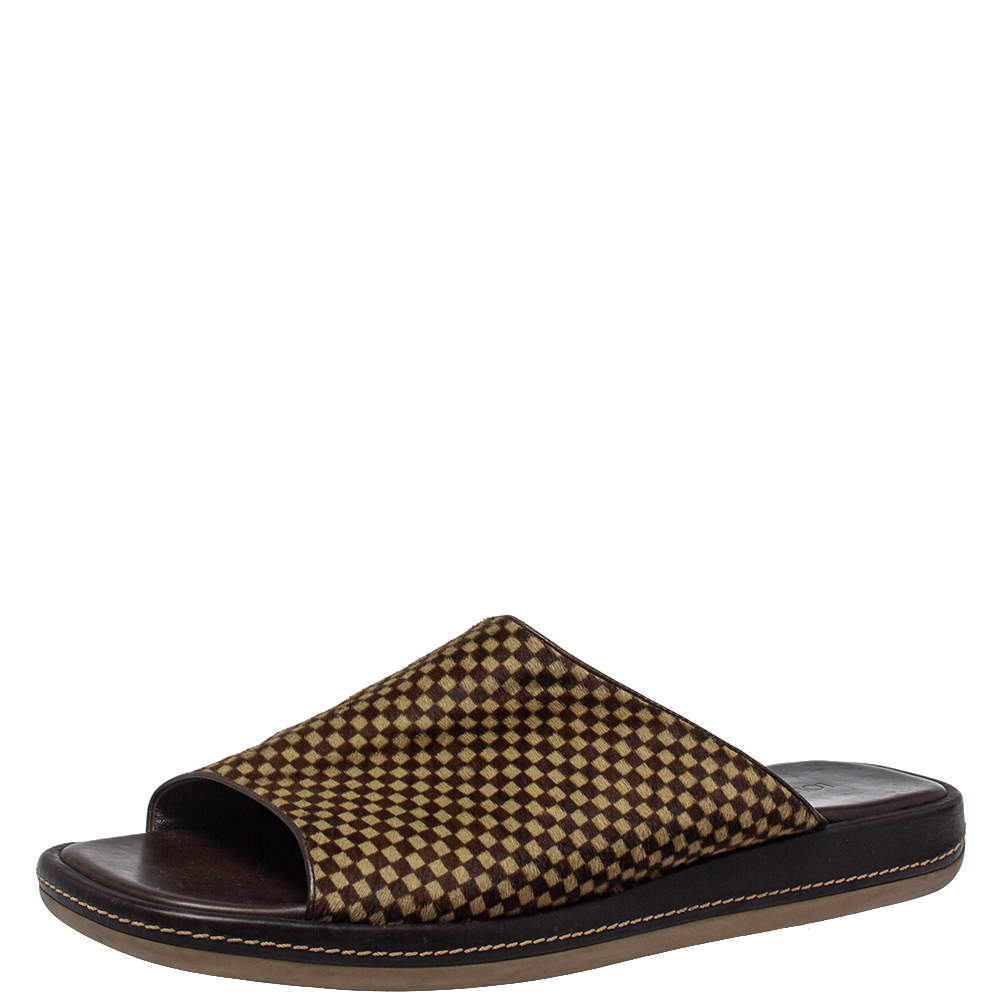 Pre Owned Louis Vuitton Brown/Beige Damier Pony Hair Slide Sandals Size 45