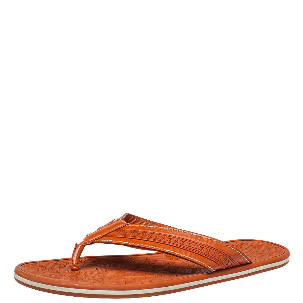 Pre Owned Louis Vuitton Orange Leather And Rubber Ipanema Thong Flats Size 45