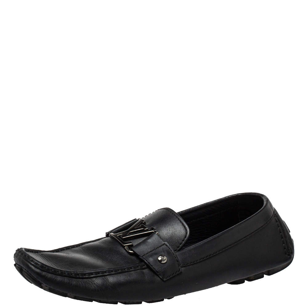 Pre Owned Louis Vuitton Black Leather Monte Carlo Slip On Loafers Size 44