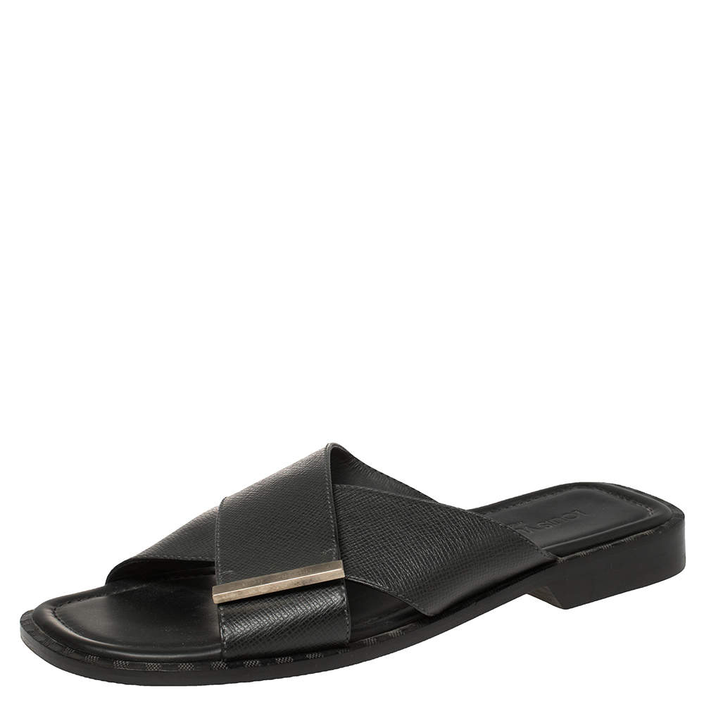Louis Vuitton Black Taiga Leather Cross Strap Flat Slides Size 43.5 