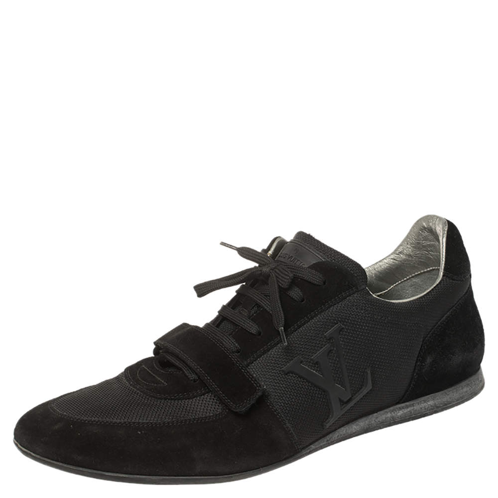 Pre Owned Louis Vuitton Black Mesh and Suede Logo Velcro Strap Sneakers Size 44.5