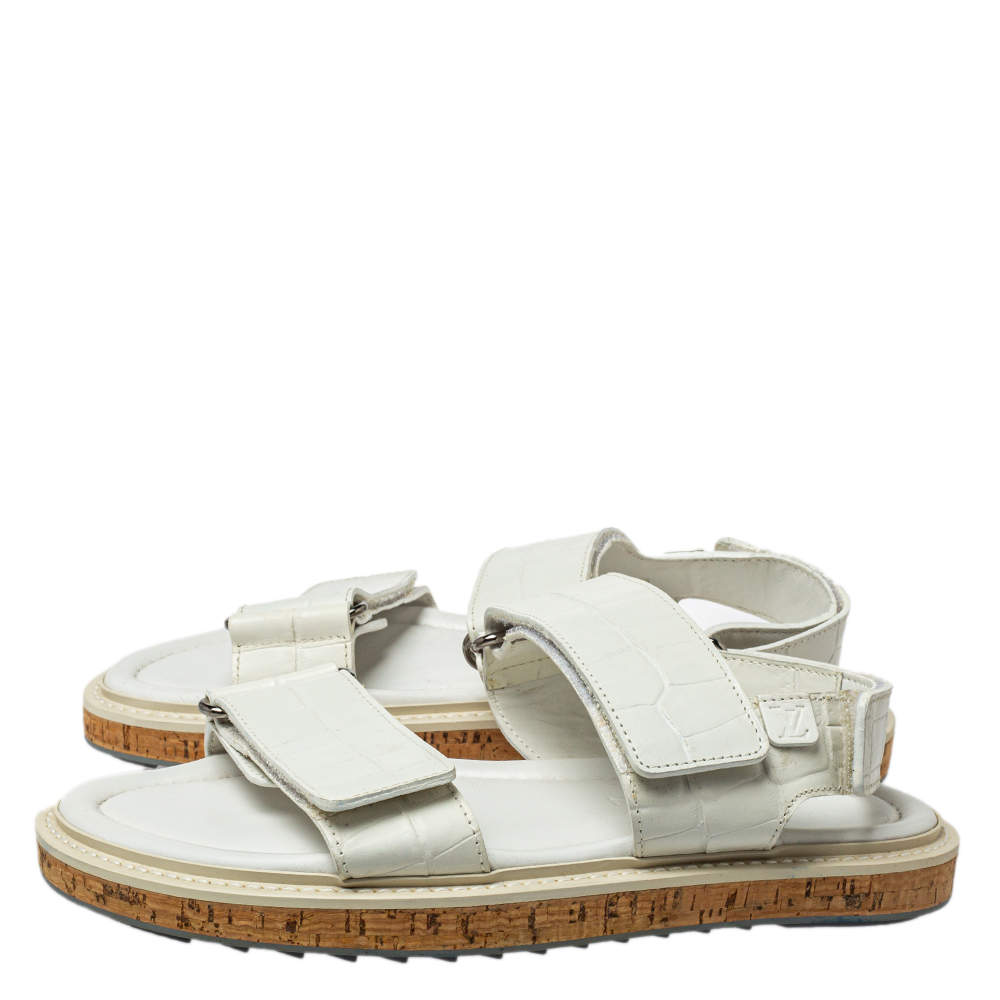 Louis Vuitton White Croc Embossed Leather Flat Slingback Sandals