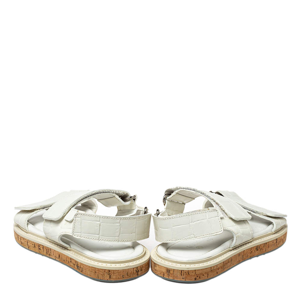 Louis Vuitton White Croc Embossed Leather Flat Slingback Sandals