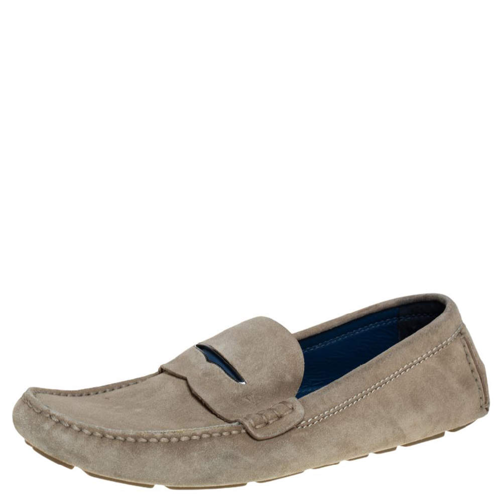 Pre Owned Louis Vuitton Beige Suede Penny Slip On Loafers Size 43