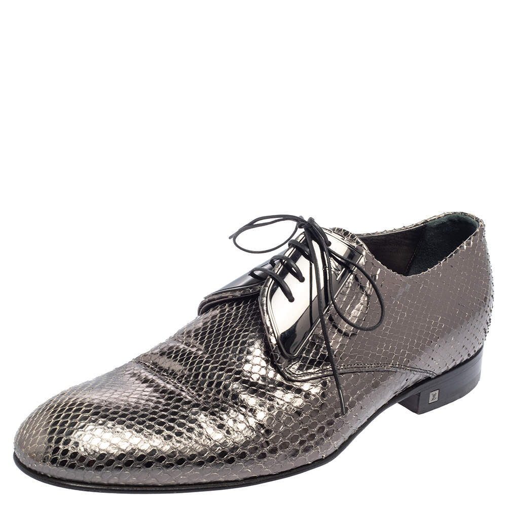 Pre Owned Louis Vuitton Metallic Grey Python Lace Up Derby Size 41.5