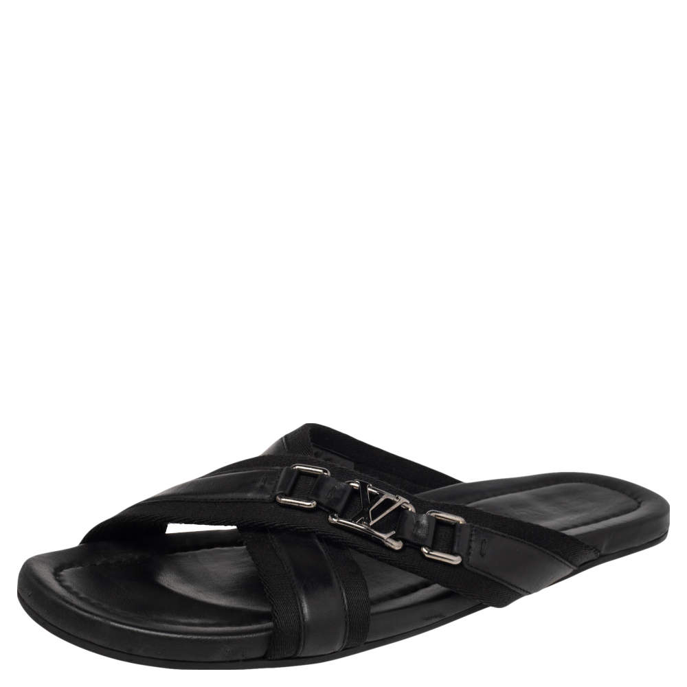 Louis Vuitton Black Canvas and Leather Cross Strap Logo Slides Size 44