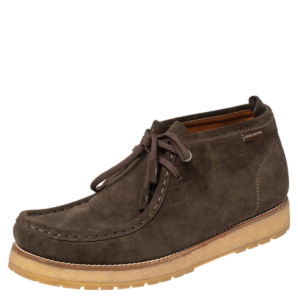 Pre Owned Louis Vuitton Brown Damier Suede Lace Up Ankle Boots Size 44.5