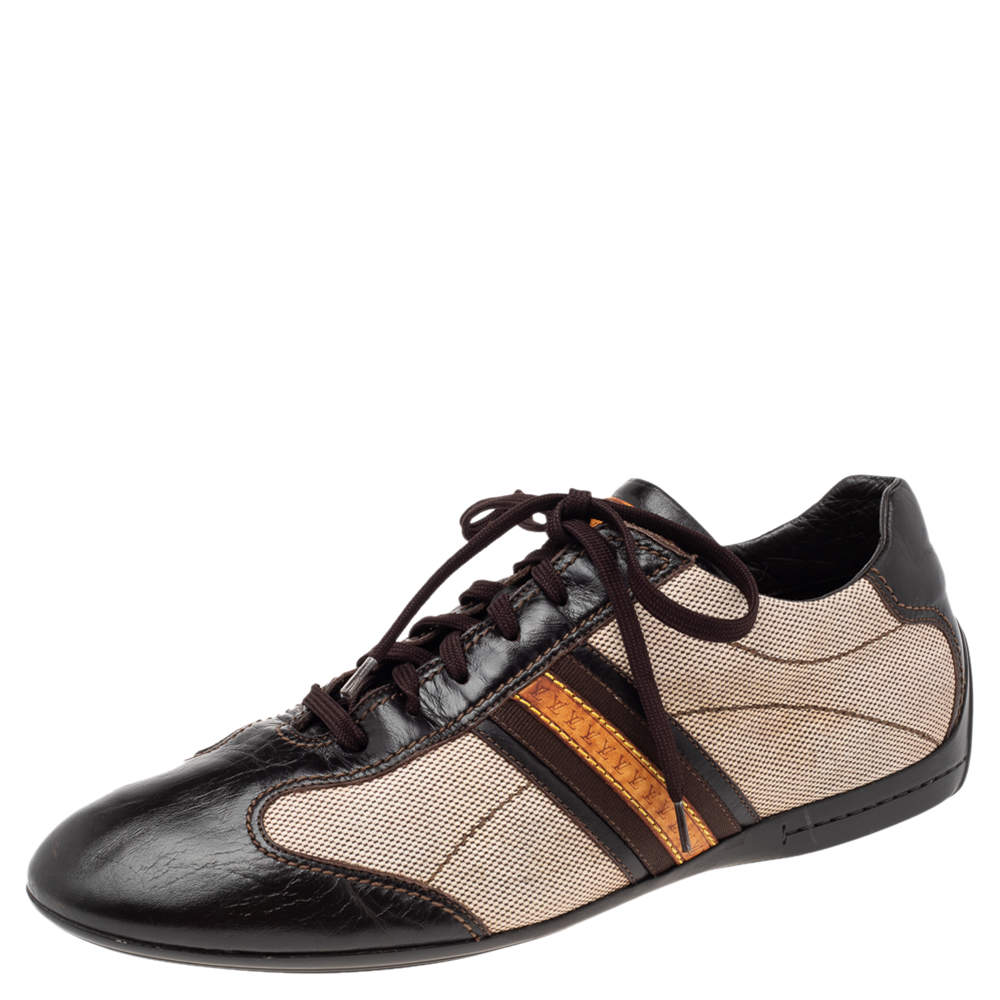 Pre Owned حذاء رياضي لوي فيتون جلد وكانفاس بيج/بني بعنق منخفض مقاس 44