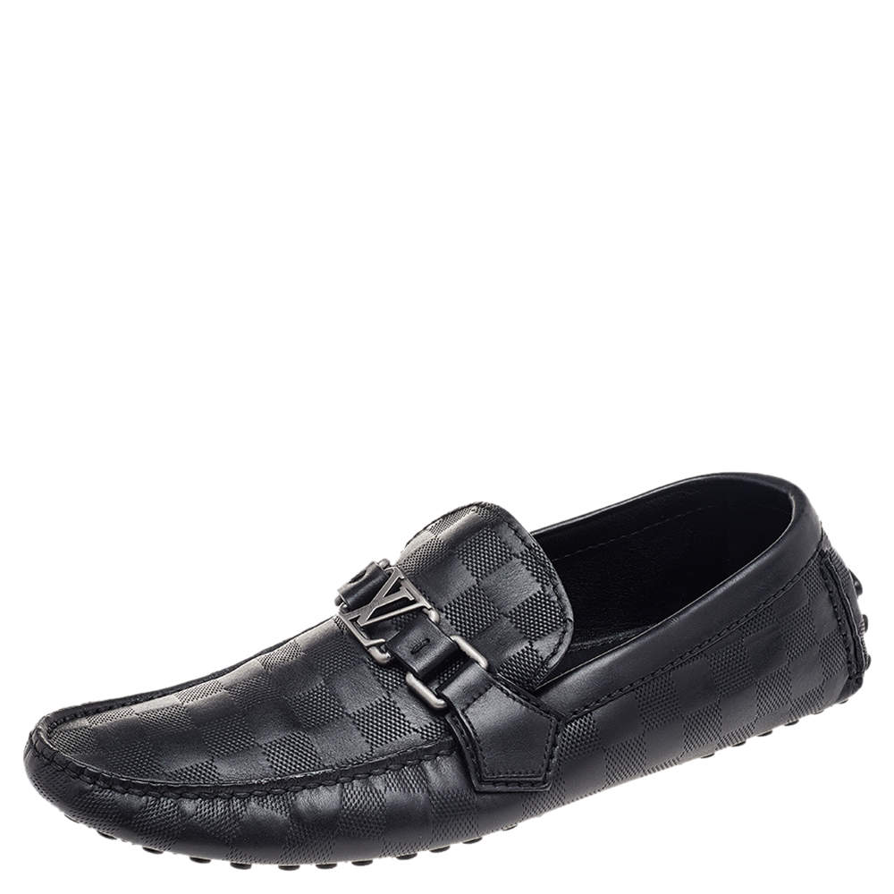 Pre Owned Louis Vuitton Black Damier Embossed Leather Hockenheim Slip On Loafers Size 41.5