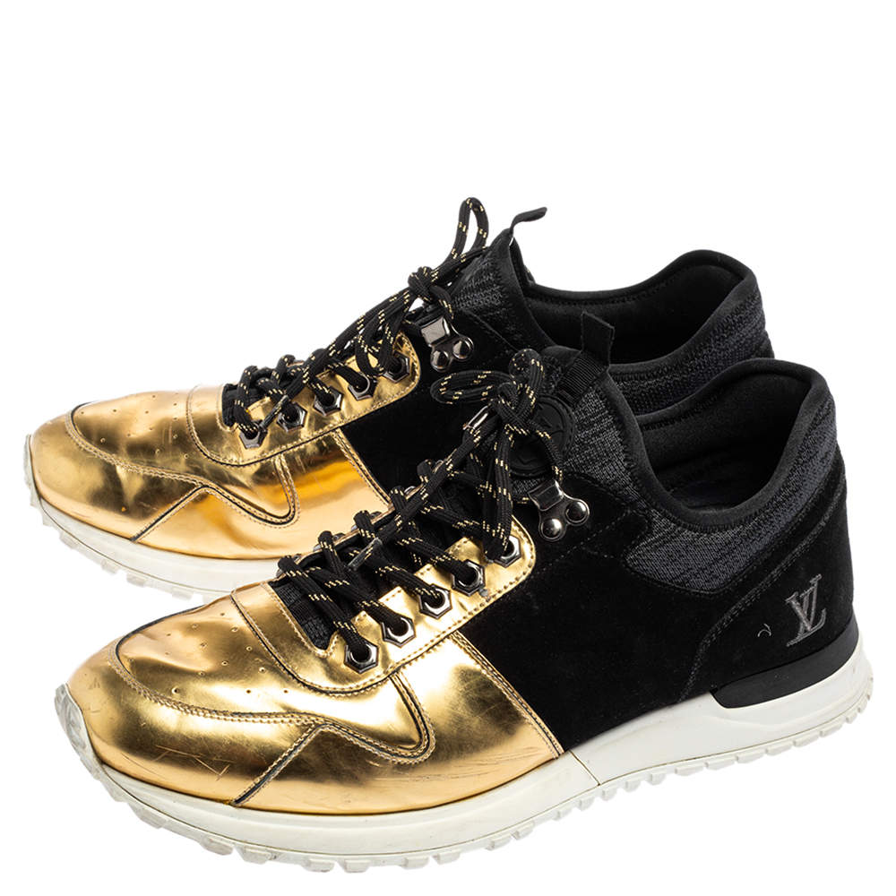 LOUIS VUITTON Metallic Patent Suede Run Away Sneakers 9.5 Black Gold 673518