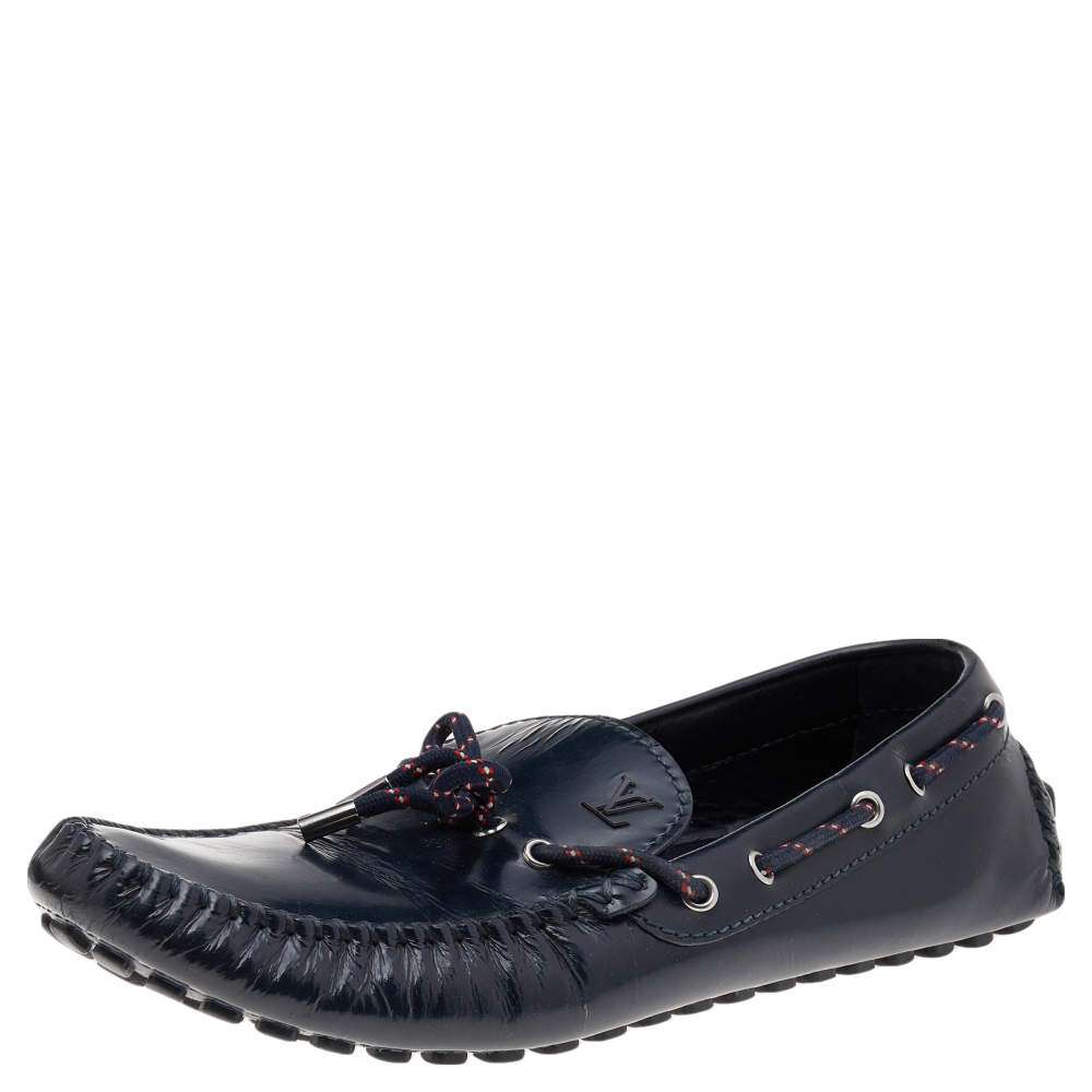 Pre Owned Louis Vuitton Black Leather Bow Slip on Loafers Size 45