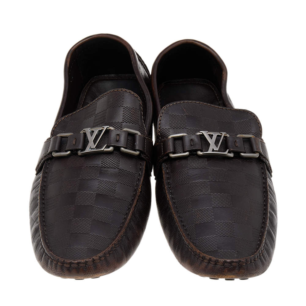 Louis Vuitton Dark Brown Damier Embossed Leather Hockenheim Slip On Loafers  Size 43.5 Louis Vuitton
