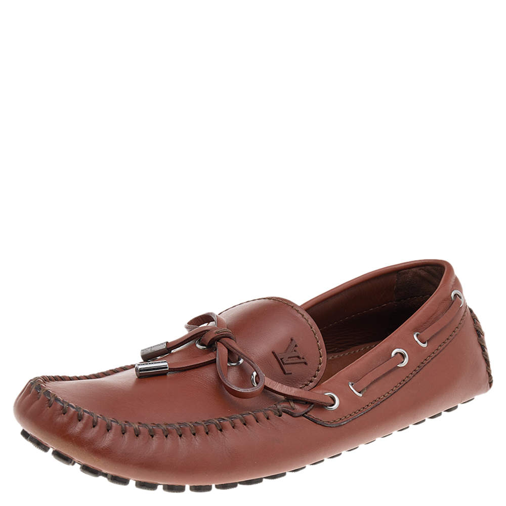 Pre Owned Louis Vuitton Brown Leather Arizona Bow Loafers Size 42.5