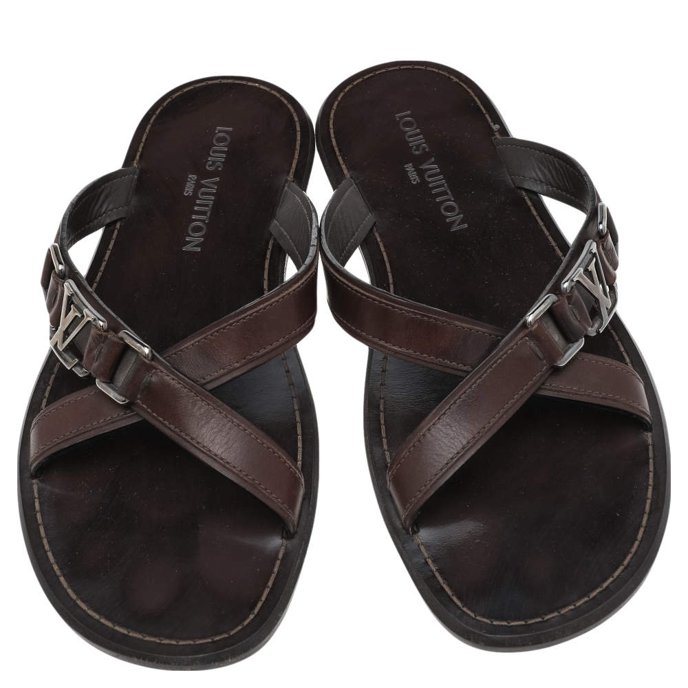$995 Louis Vuitton Men's Brown Leather Sandals Sz LV 9 US 10 AUTHENTIC😍