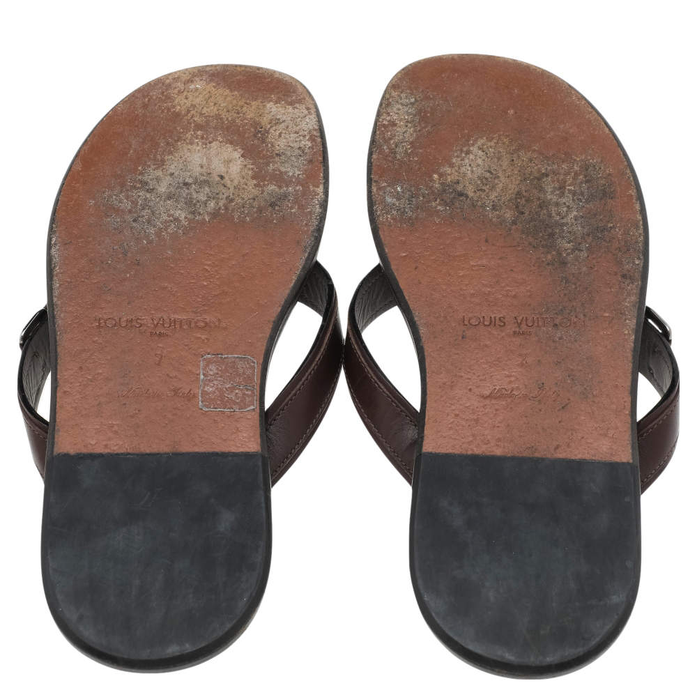 Louis Vuitton Dark Brown Leather Logo Cross Strap Flat Slides Sandals Size  41 Louis Vuitton