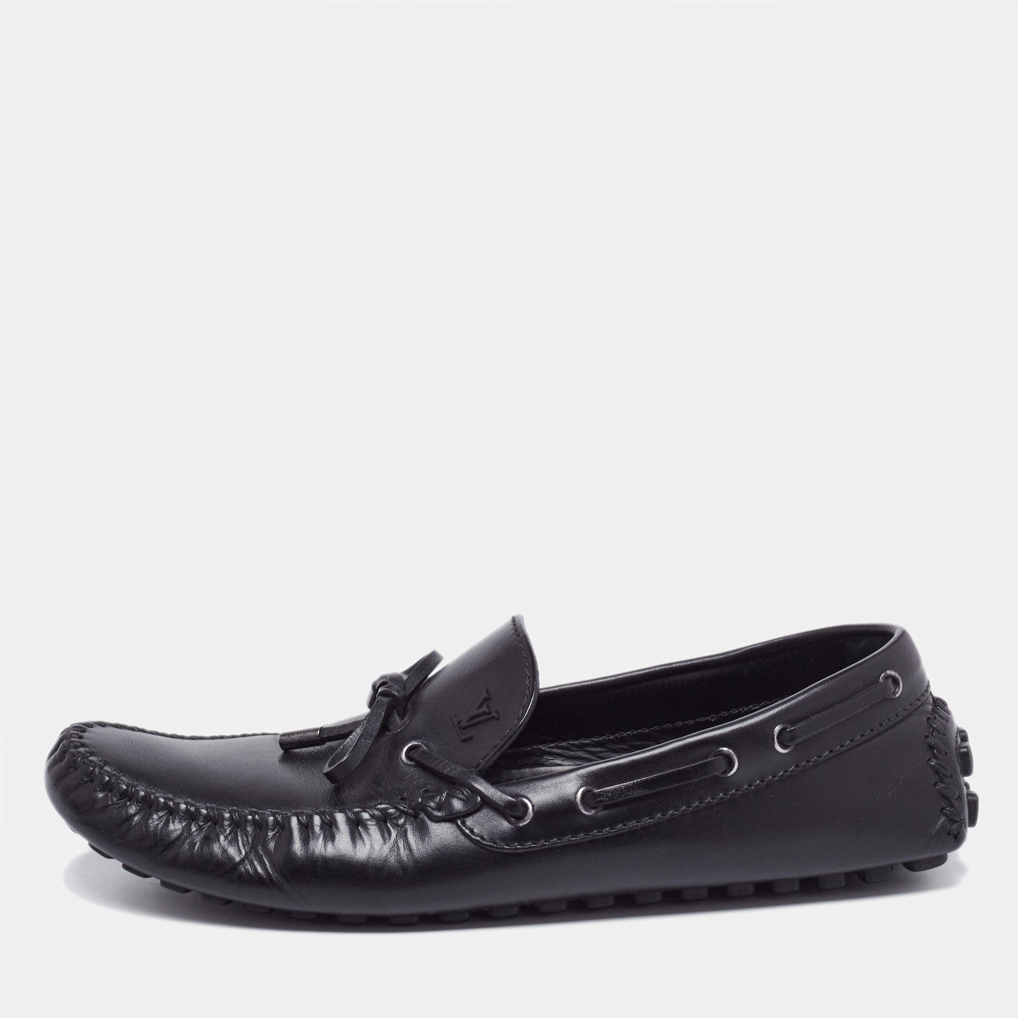 Louis Vuitton Black Leather Logo Bow Slip On Loafers Size 45