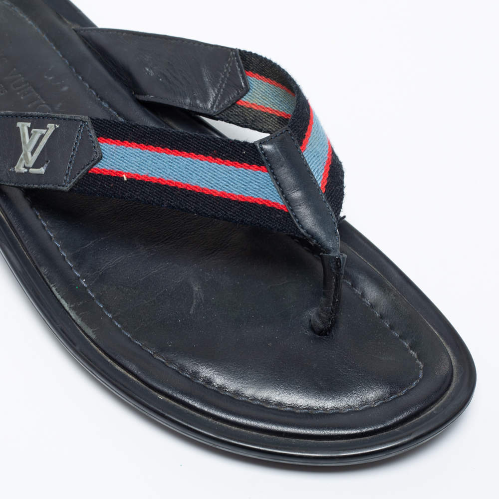 Louis Vuitton Navy Blue Leather and Canvas Thong Slides Size 44.5