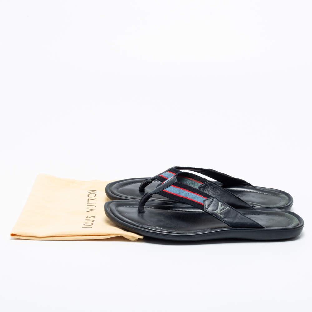 Louis Vuitton Navy Blue Leather and Canvas Thong Slides Size 44.5