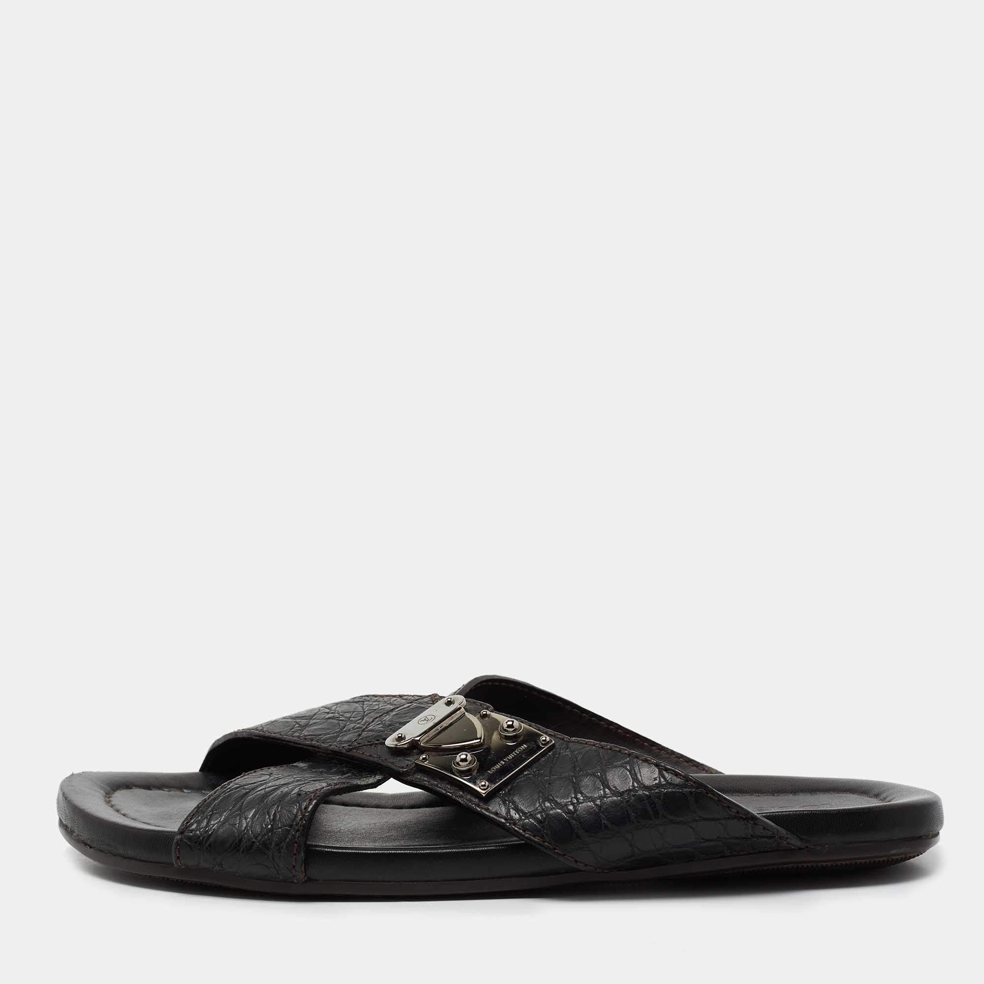 Louis Vuitton Black Crocodile Leather Cross Strap Flat Slide Sandals Size 40