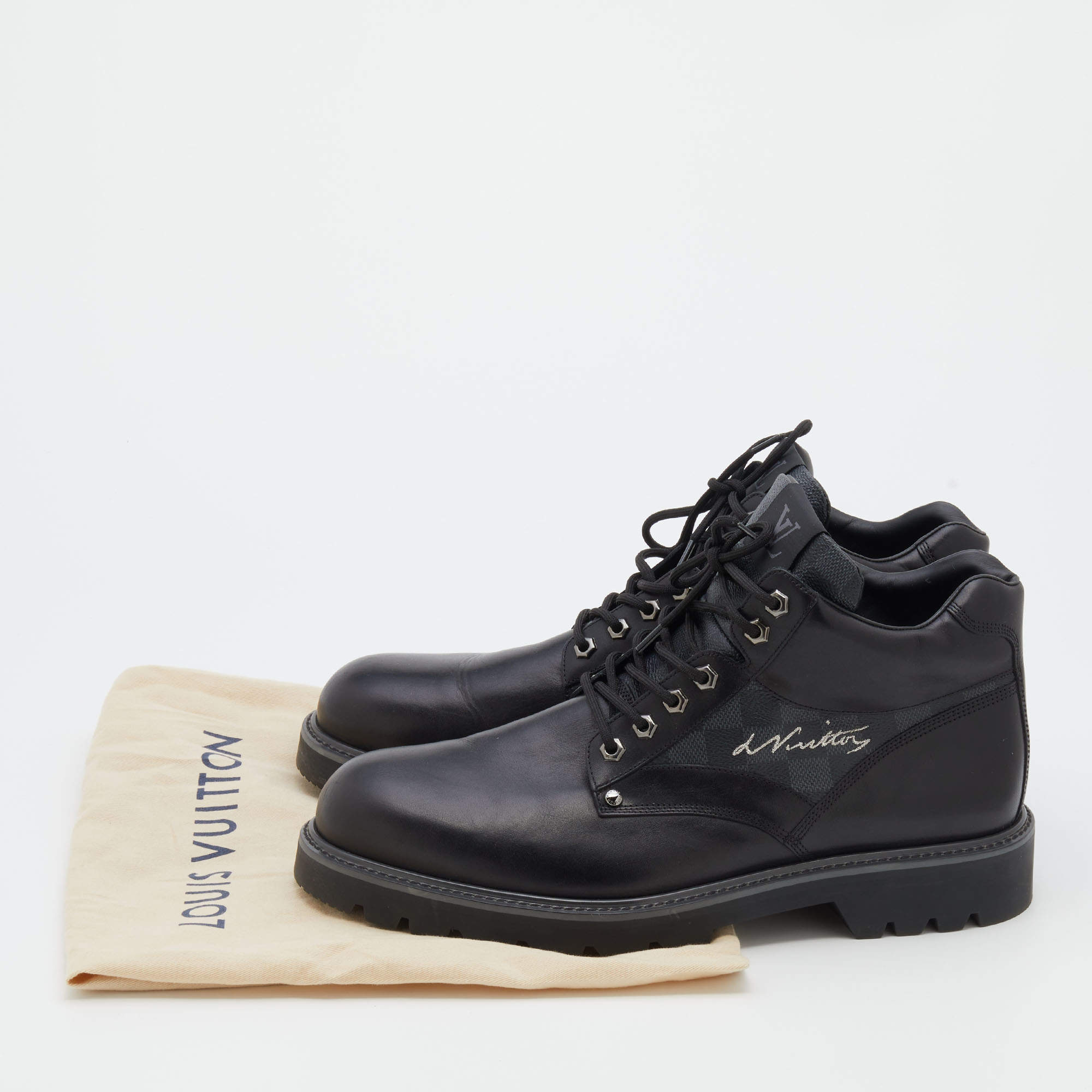 Louis Vuitton Black Leather And Damier Ebene Canvas Oberkampf Ankle Length  Boots Size 45 Louis Vuitton