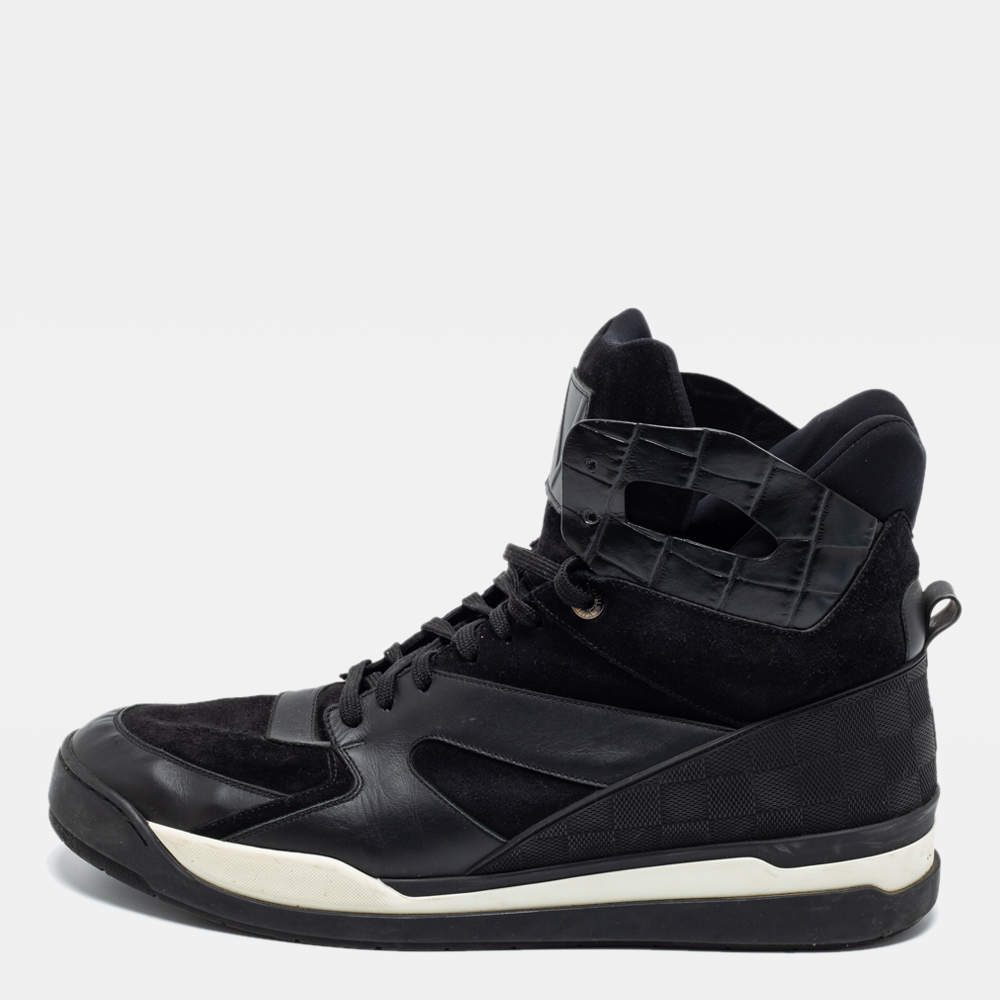 مملوكة مسبقًا Louis Vuitton Black Damier Canvas, Leather and Suede Platform High-Top Sneakers Size 46