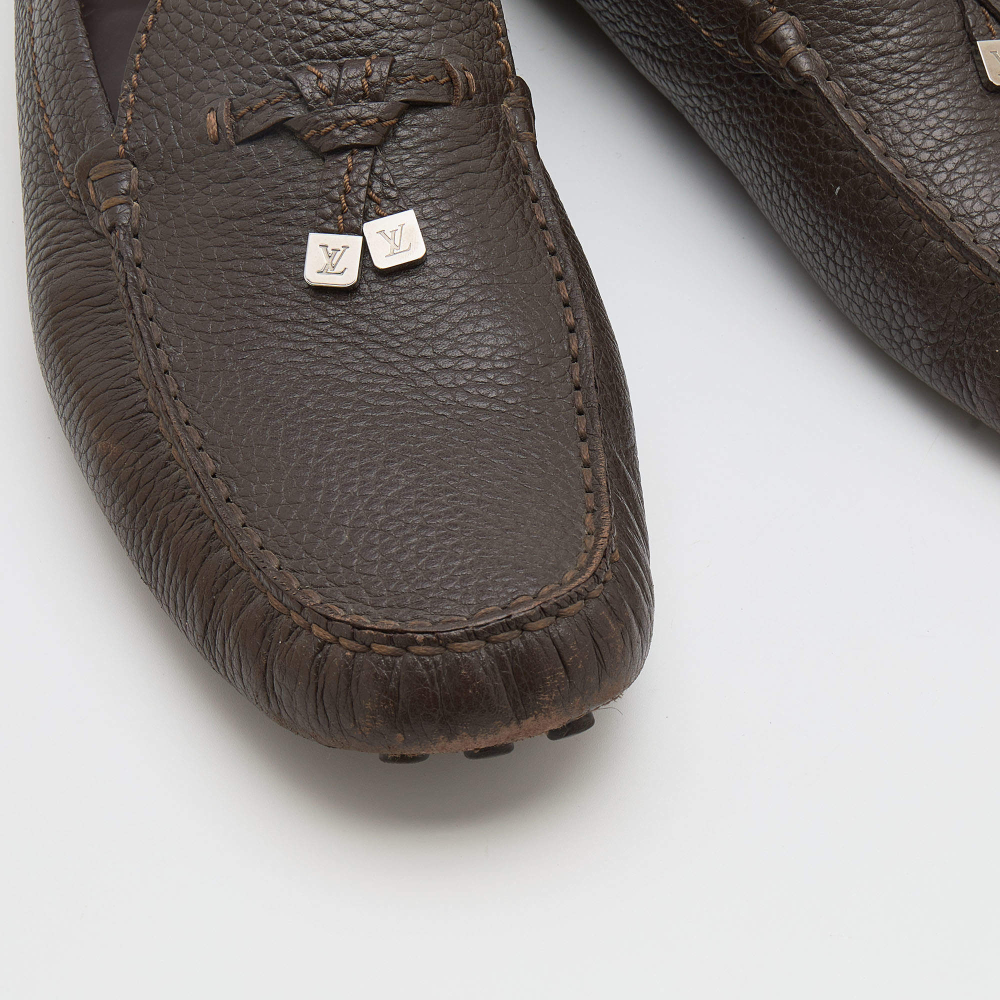 Louis Vuitton Dark Brown Leather Logo Bow Slip On Loafers Size 44.5 Louis  Vuitton