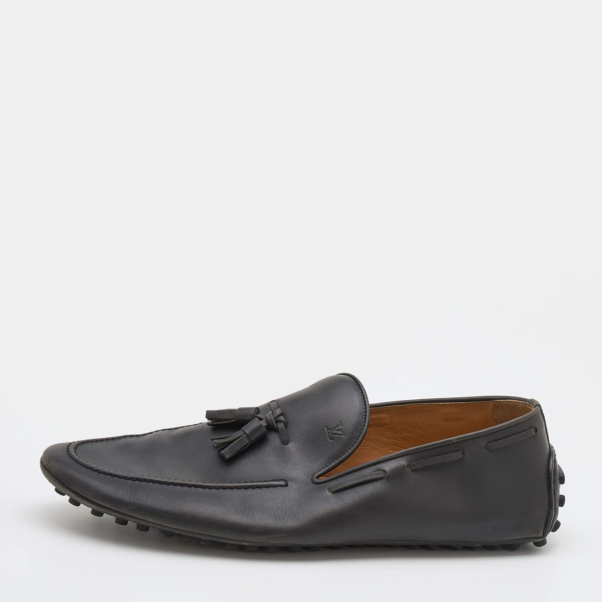 Louis Vuitton Dark Grey Leather Tassel Bow Slip On Loafers Size 44.5