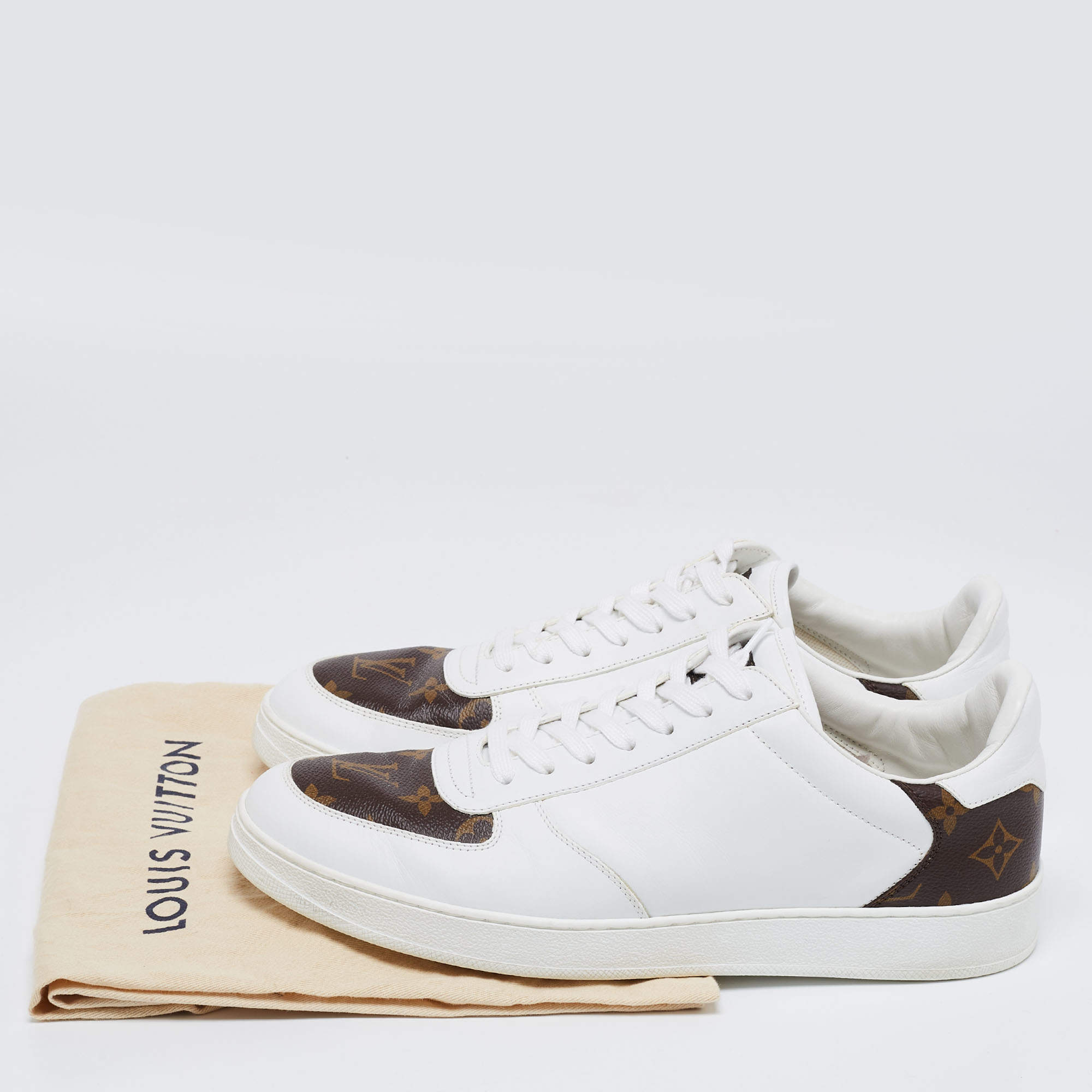 Louis Vuitton White/Brown Leather and Monogram Canvas Rivoli Low-Top  Sneakers Size 41.5