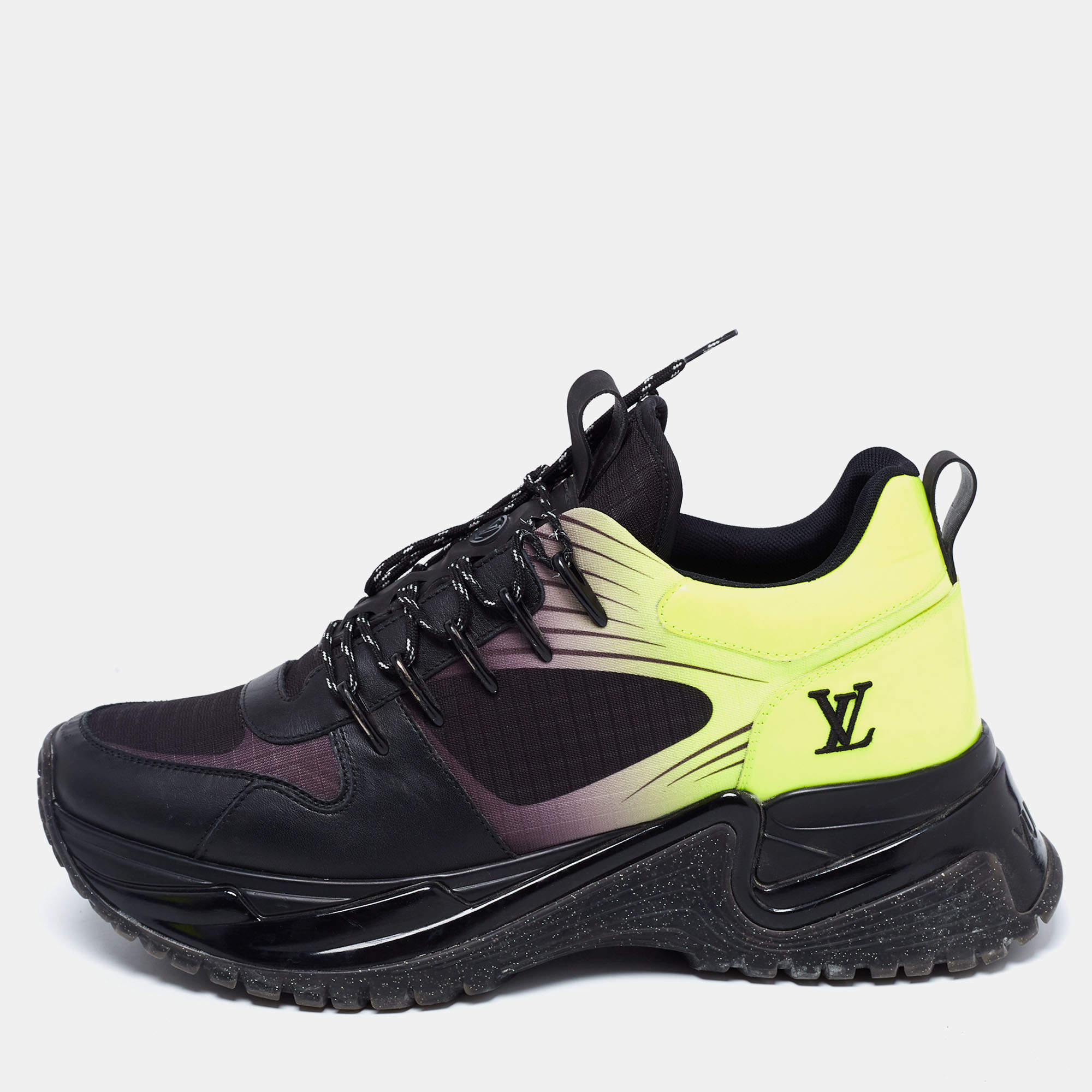 Pre Owned Louis Vuitton Black/Green Leather and Mesh Run Away Pulse Sneakers Size 42