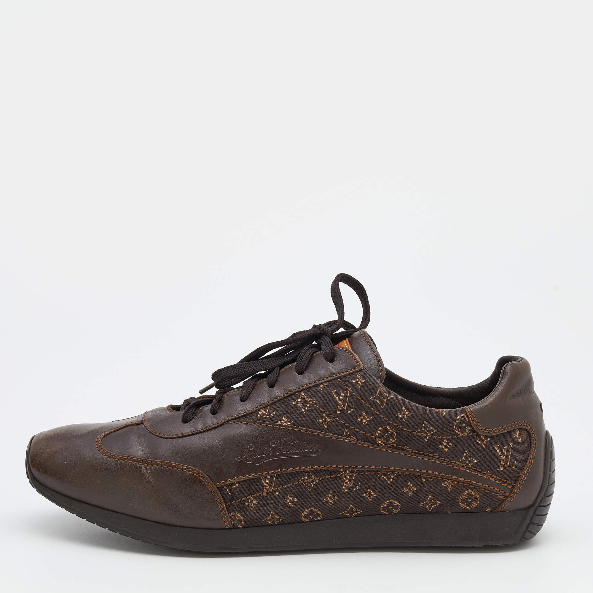 Louis Vuitton Brown Mini Lin Monogram Canvas And Leather Low Top Sneakers Size 45