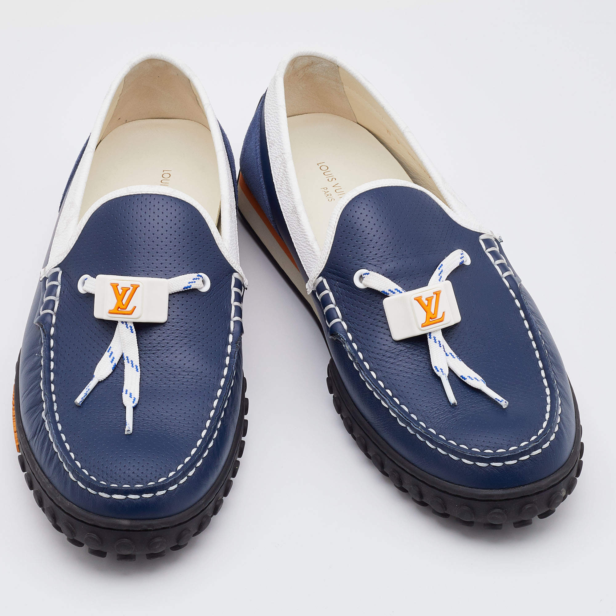Louis Vuitton Blue/White Suede and Leather Racer Loafers Size 42