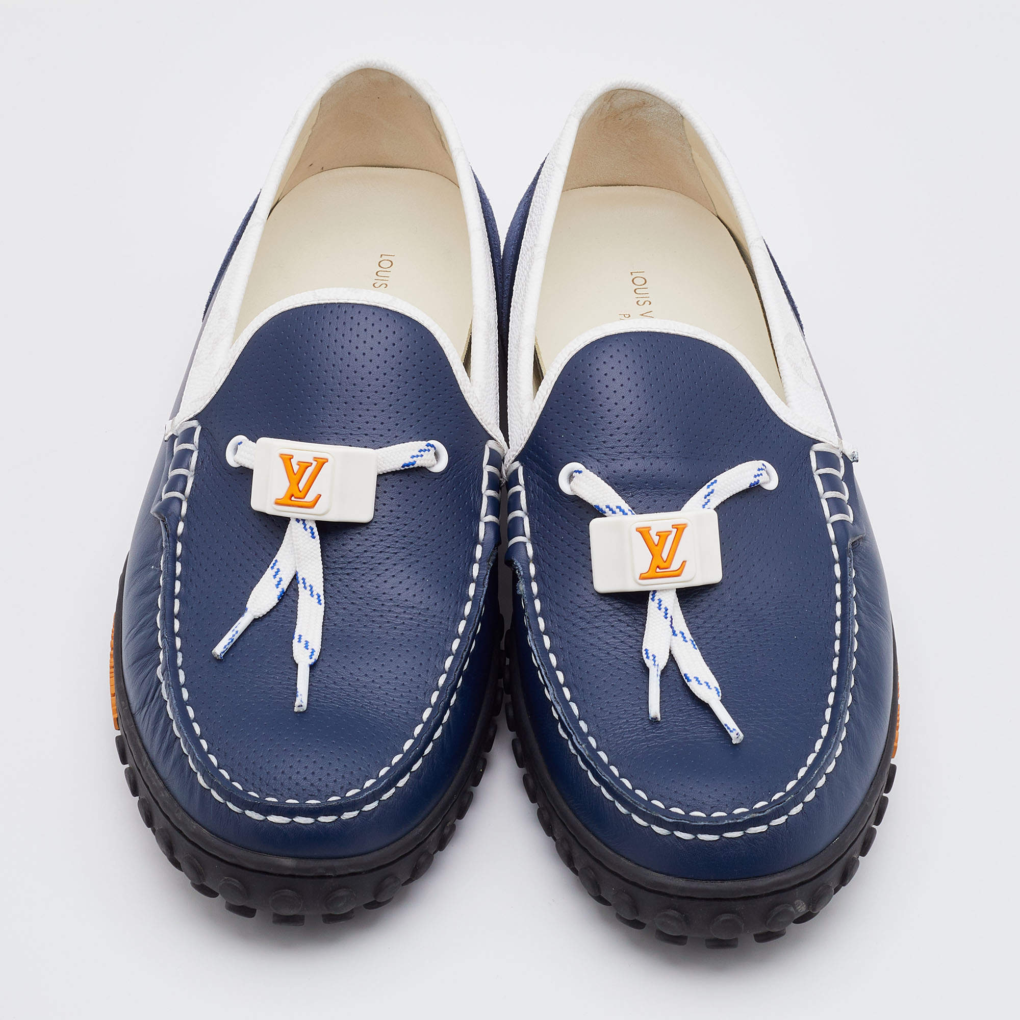 Louis Vuitton Blue/White Suede and Leather Racer Loafers Size 42