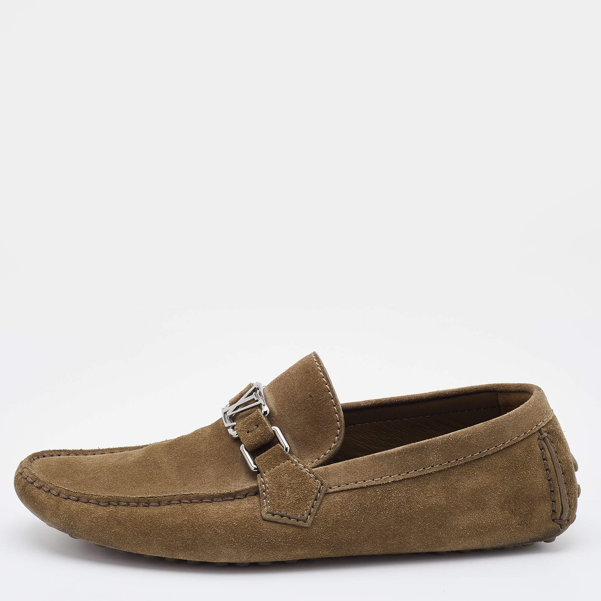 Pre Owned Louis Vuitton Khaki Brown Suede Hockenheim Loafers Size 40.5