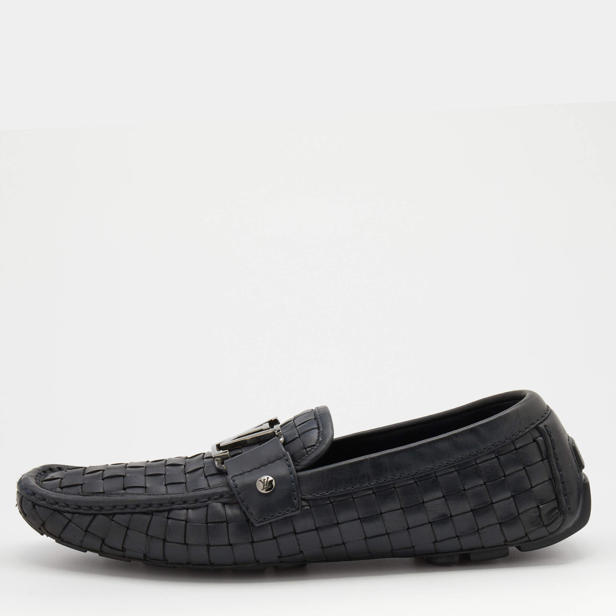 Pre Owned Louis Vuitton Midnight Blue Woven Leather Monte Carlo Slip On Loafers Size 41