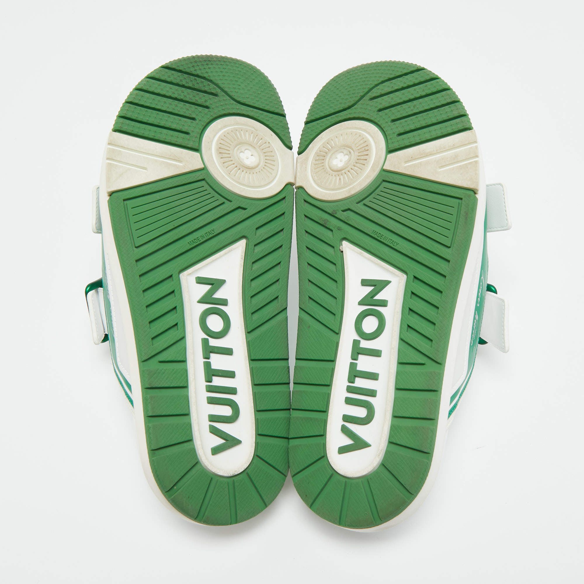 Louis Vuitton White/Green Leather LV Trainer Slides Size 42 Louis