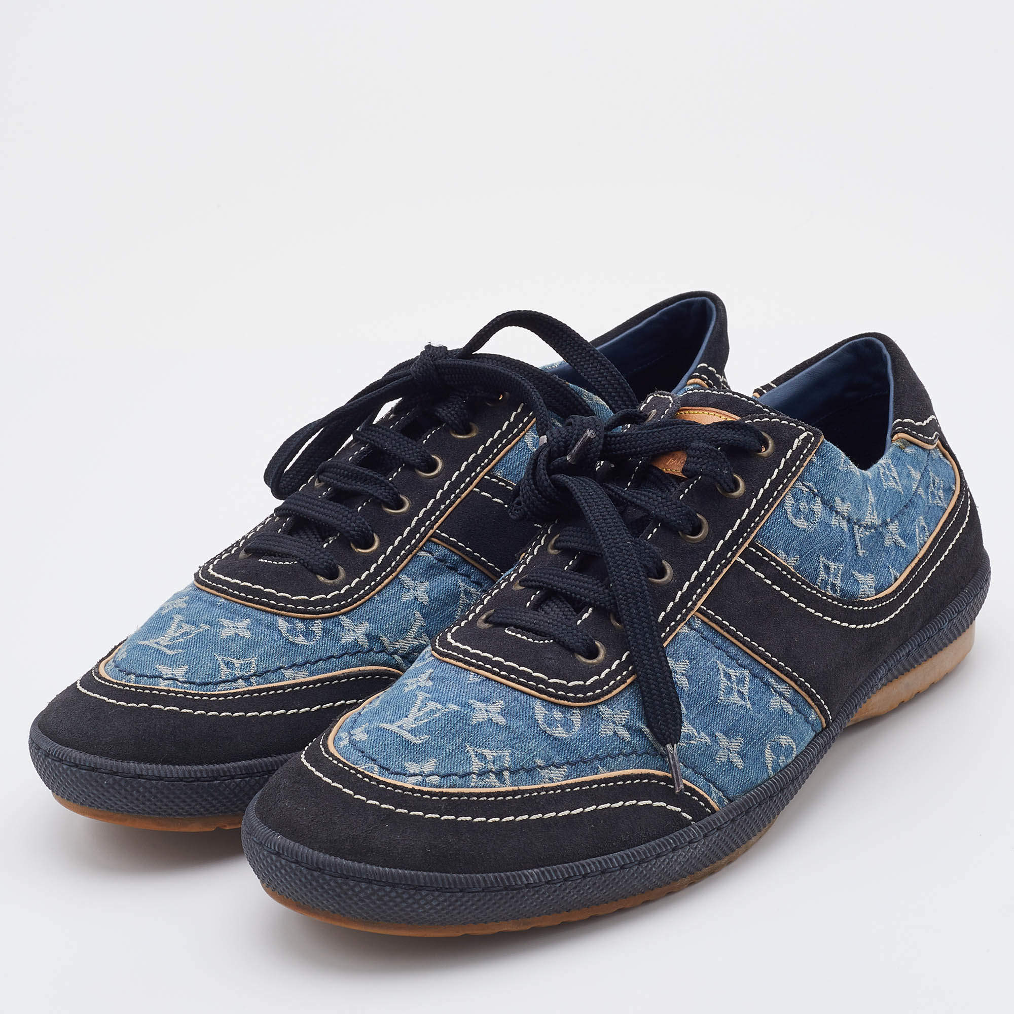 Pre-owned Louis Vuitton Blue/black Monogram Denim And Suede Low Top Sneakers  Size 44.5